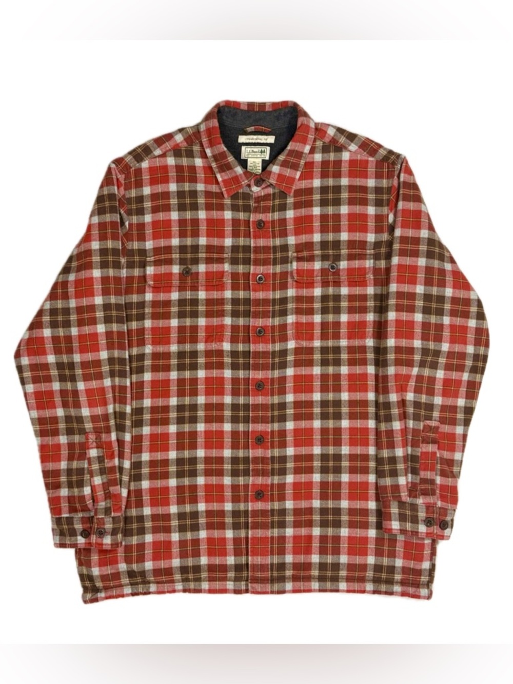 LL Bean orange plaid traditional fit fleece lined flannel shacket mens large